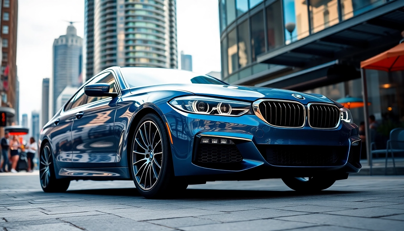 Spot a stunning Luxury BMW car parked against a vibrant city backdrop, showcasing its exquisite design.