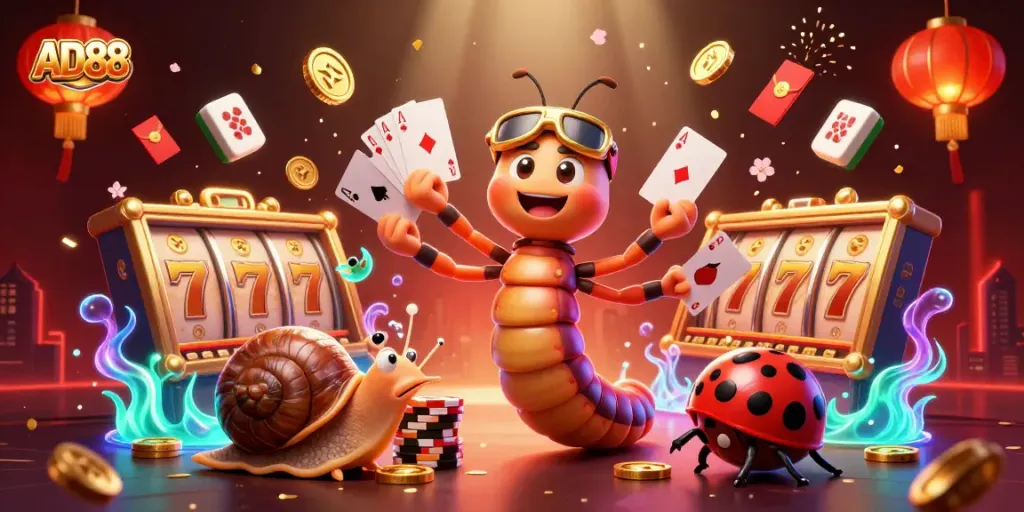 AD88 showcases a lively casino scene with a millipede dealer, high-stakes elements, and festive decorations for gamblers.