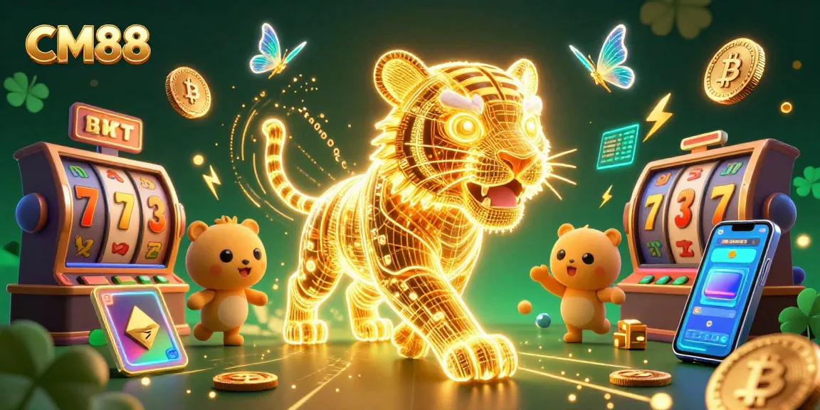 Interactive 3D illustration of CM88 showcasing golden tiger and crypto elements in an engaging casino environment.