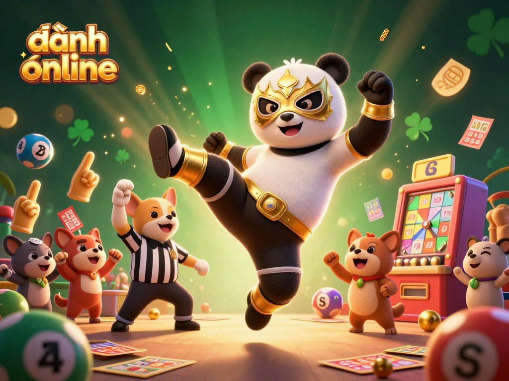 Engage in đánh đề online with a lively 3D scene featuring panda wrestlers, lottery elements, and excited spectators.