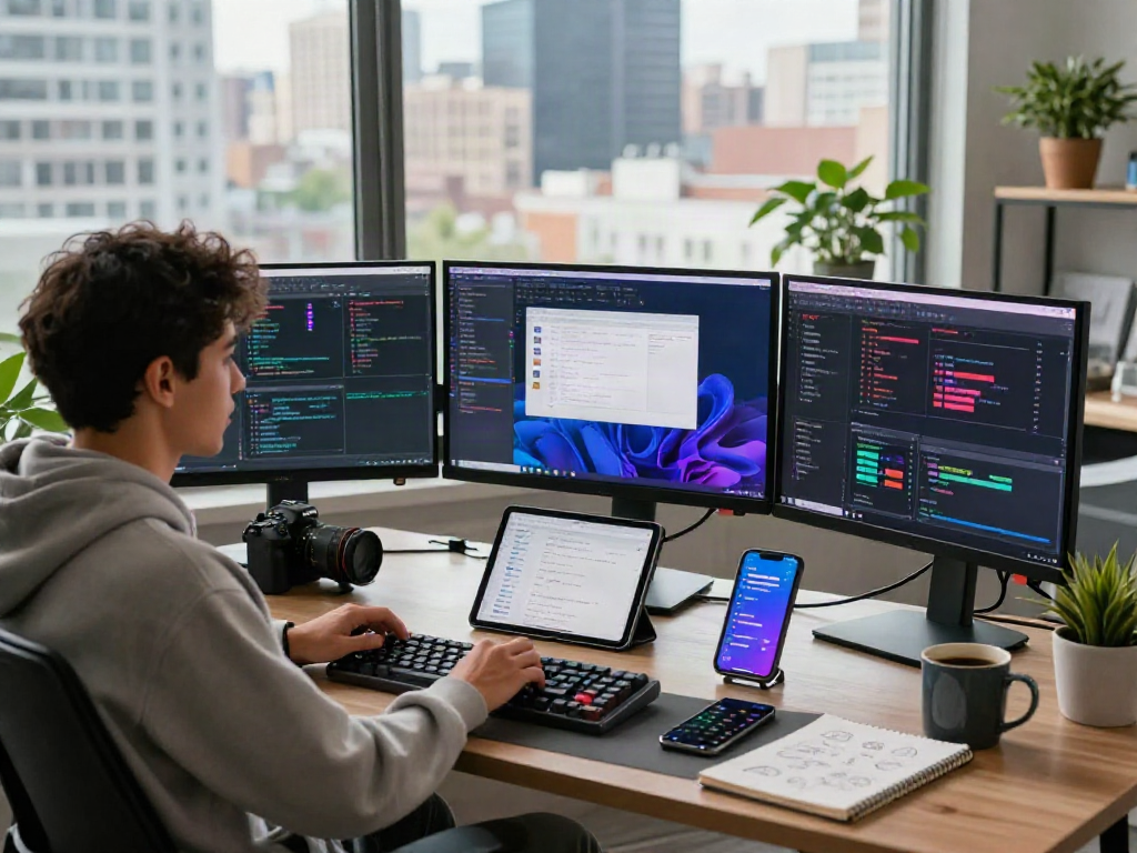 Developer coding on multiple screens showcasing gb whatsapp apk features in a modern workspace.