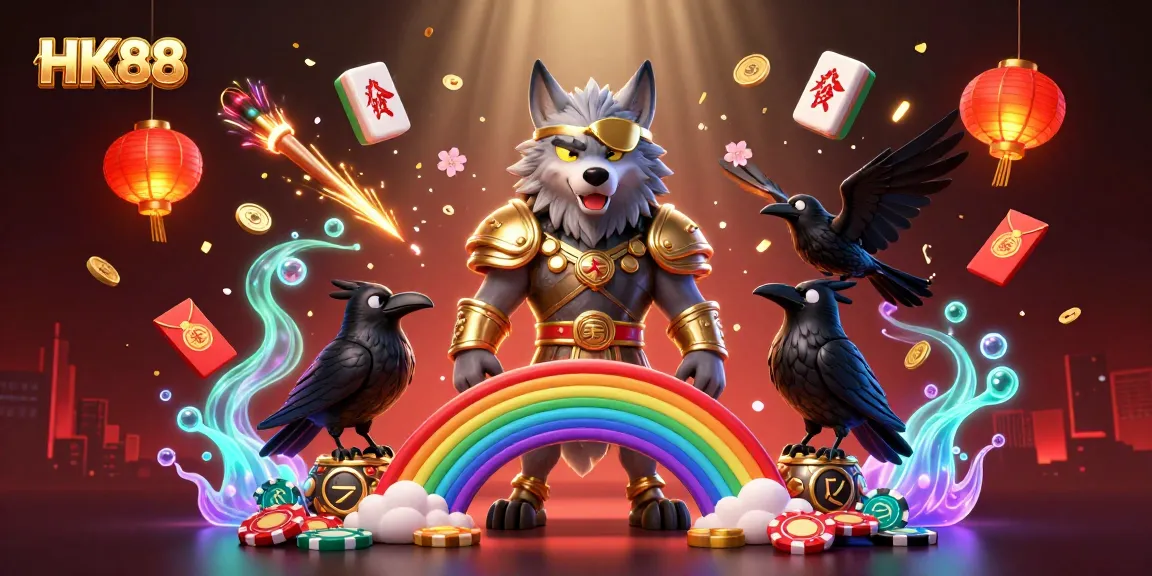 HK88 captivates players with a vibrant illustration of Odin wolf and ravens celebrating wins among casino-themed elements.