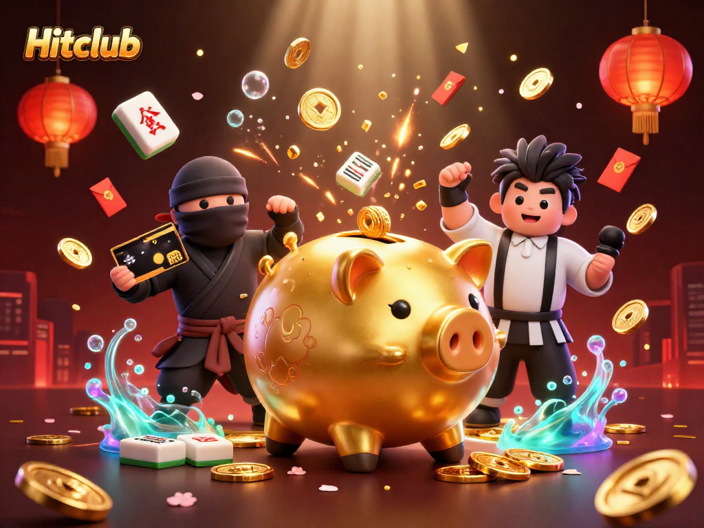 Hitclub showcases a vibrant scene of a golden piggy bank sumo wrestler with coins showering and card samurai refereeing.