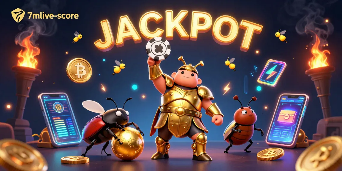 Engage in thrilling action with 7mlive-score as a herculean beetle celebrates a poker triumph.