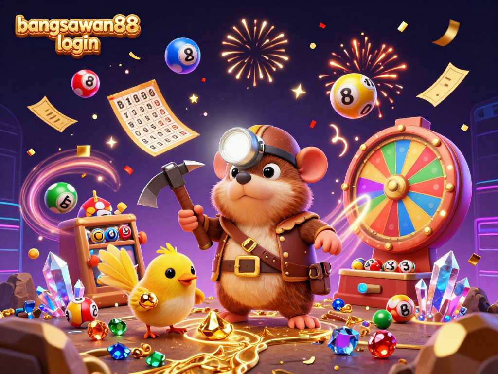 Bangsawan88 login showcases a vibrant casino scene filled with lottery elements and a treasure-hunting mole.