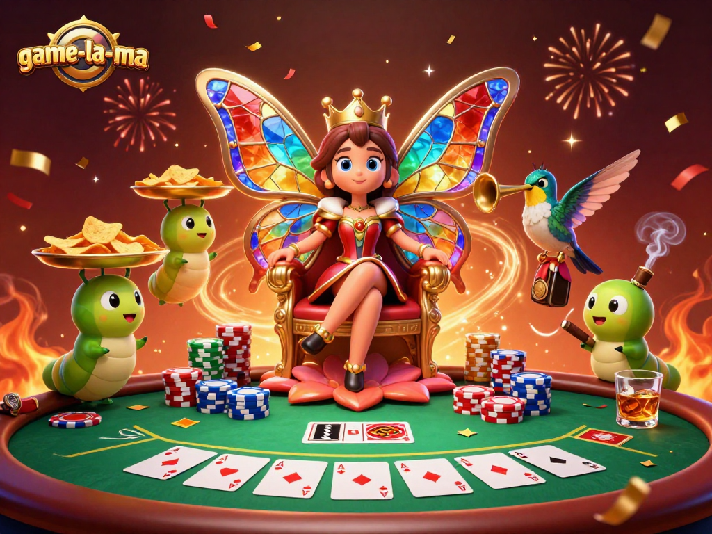 Experience the vibrant poker action at game-la-ma with a stunning butterfly queen and energetic characters.