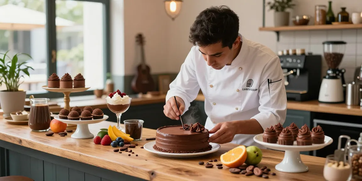 Pastry chef decorating a chocolate cake with cocoa desserts reflecting m98's creativity.