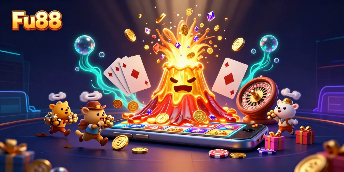 Engage with Fu88 as a golden volcano erupts treasures, capturing vibrant casino action in a dynamic scene.