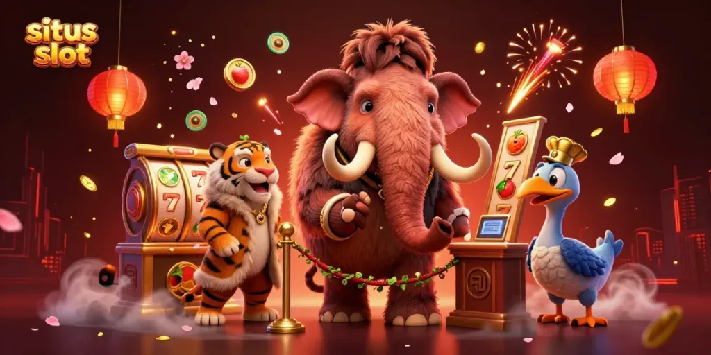 Ilustrasi 3D situs slot dengan karakter mammoth, harimau, dan burung dodo memeriksa ID di pintu.