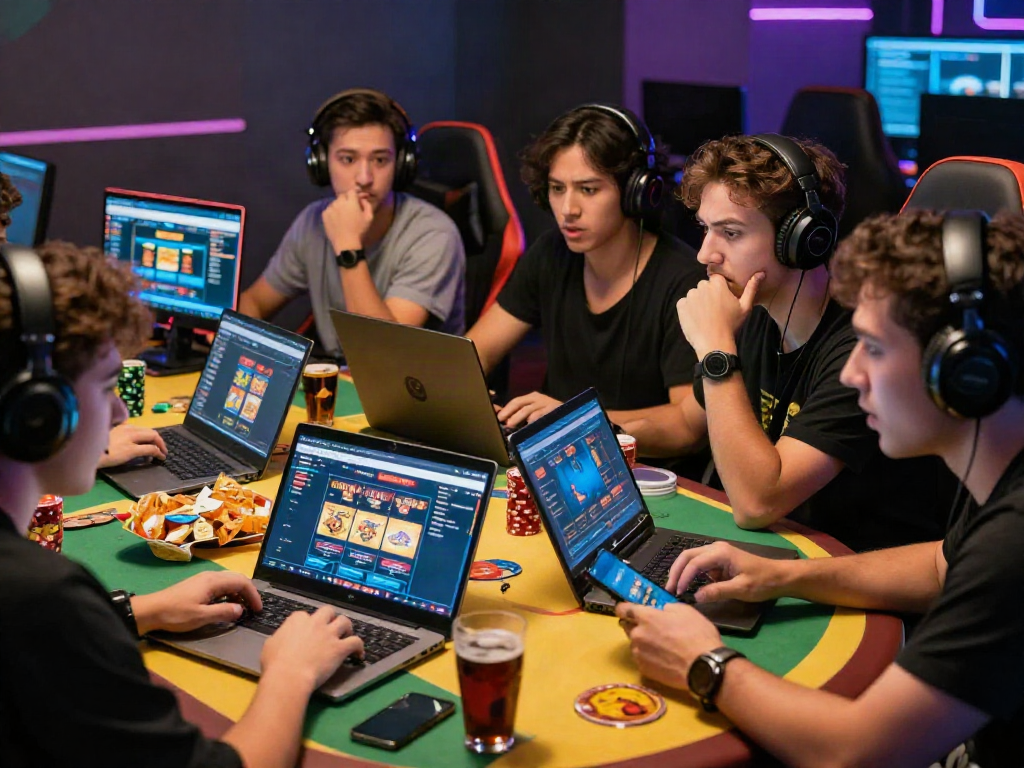 Friends discussing 먹튀검증 in an engaging online gaming environment, showcasing safety in gambling.