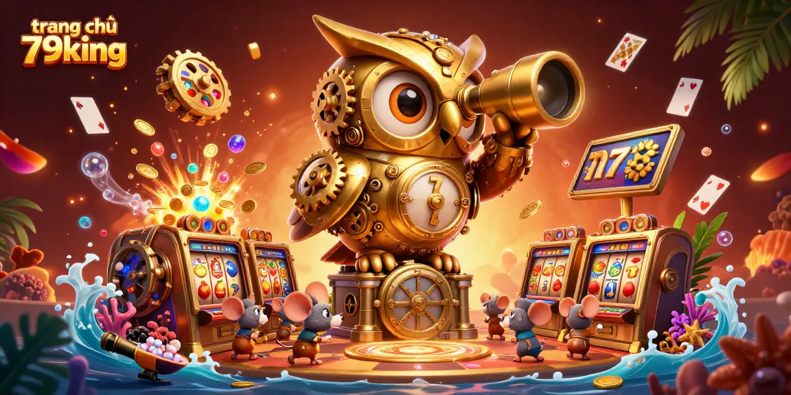 Engaging illustration of the golden owl observing the casino floor, featuring rich details of trang chủ 79king's slots and treasures.