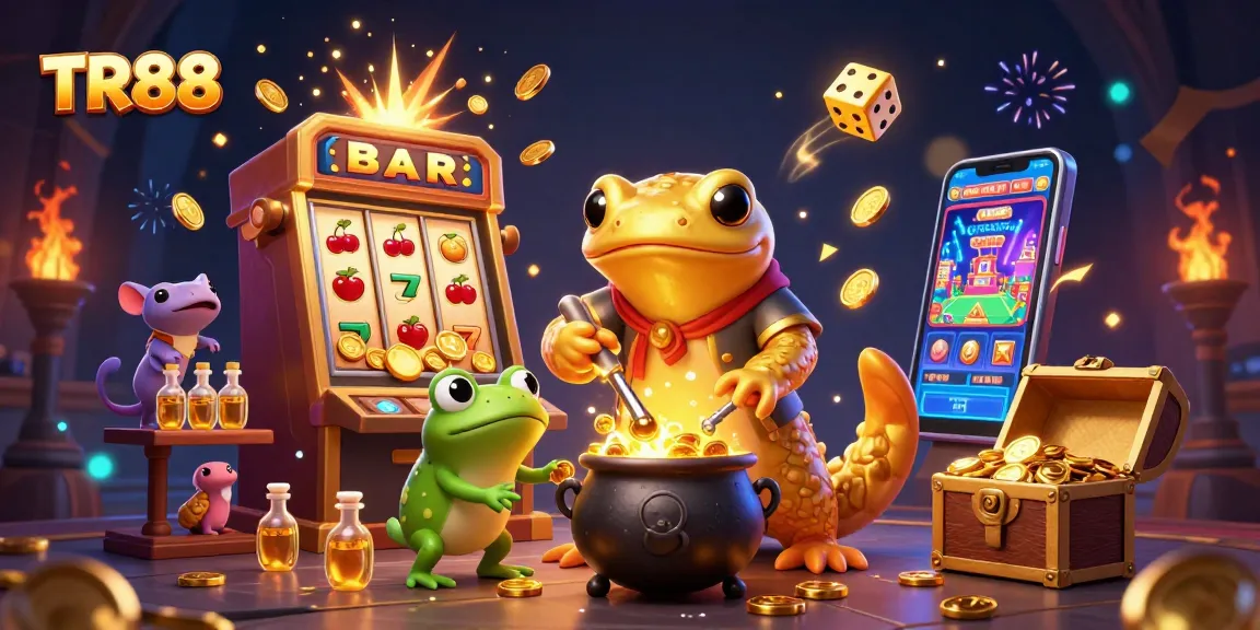 Engage with TR88's vibrant 3D cartoon scene featuring a golden salamander, exciting slot machines, and rich casino elements.