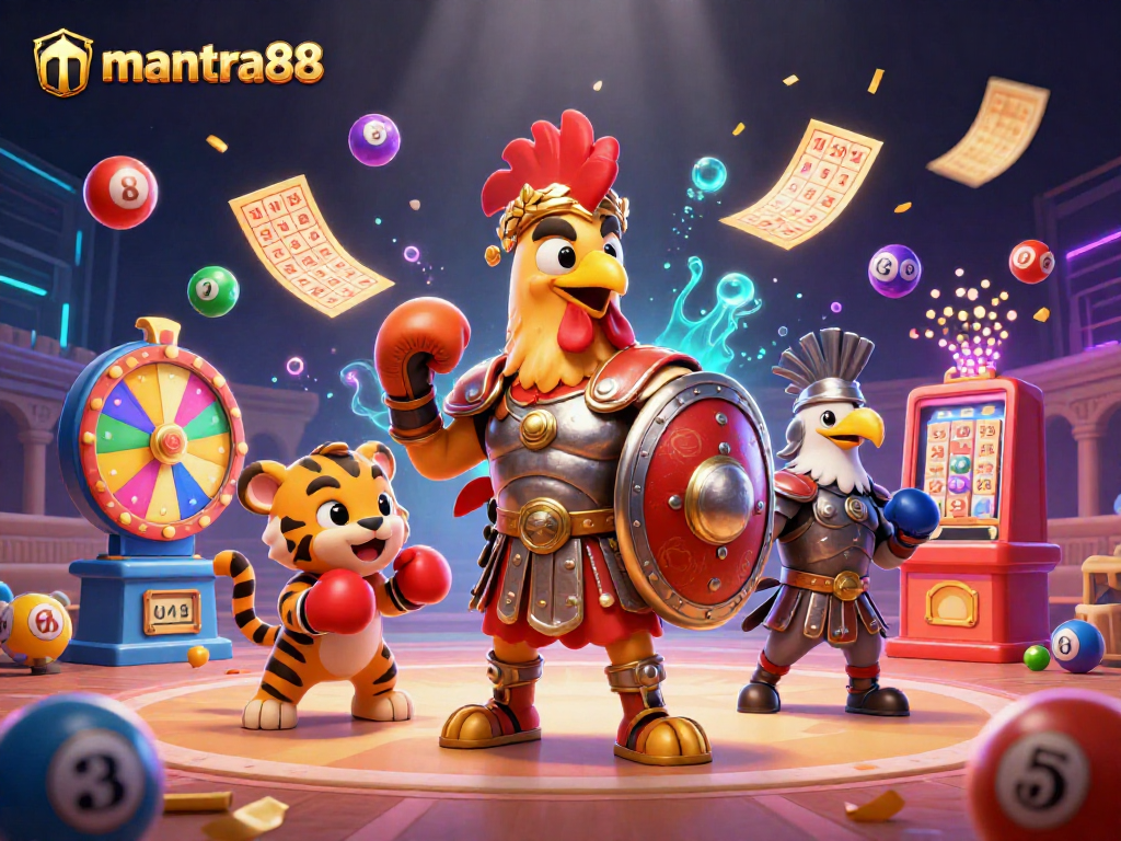Experience the excitement of mantra88 with vibrant casino-themed elements and dynamic characters.