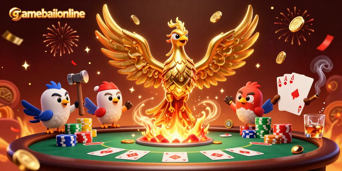Win big and experience excitement at gamebaiionline, where golden phoenixes soar amid vibrant casino elements.