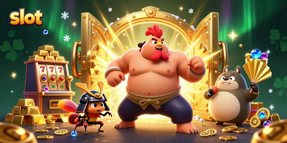Explore exciting slot games with a powerful rooster wrestler, samurai cricket, and announcer in a dynamic casino scene.