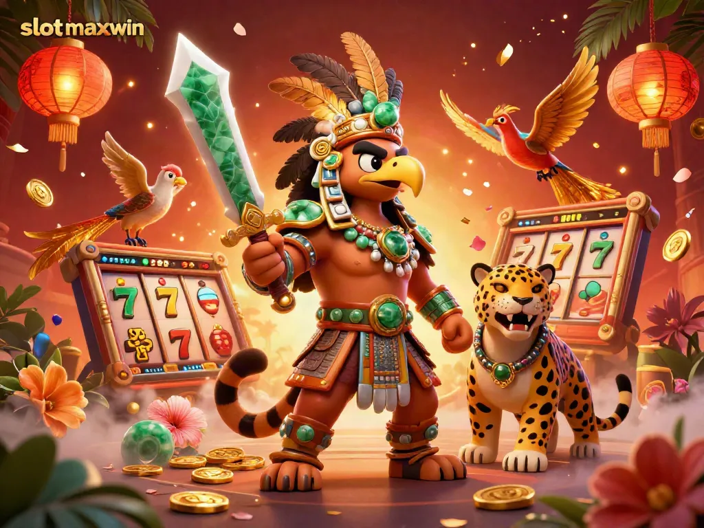 Experience thrilling slot maxwin action with Aztec warriors and jackpot elements in this vibrant digital illustration.