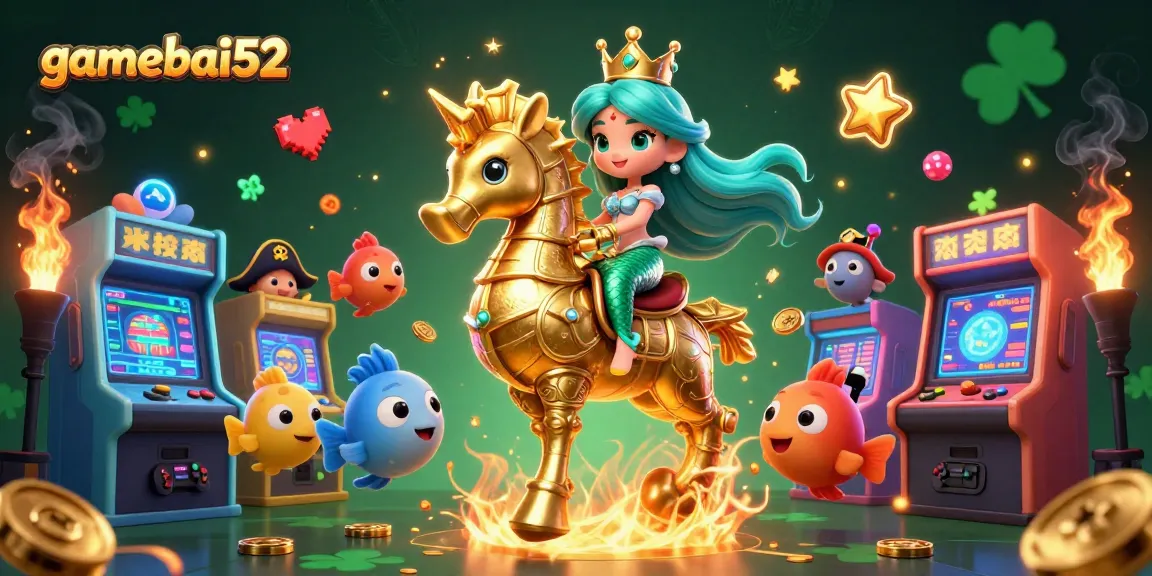 Join the gamebai52 adventure with a mermaid princess and seahorse amidst glowing arcade elements.