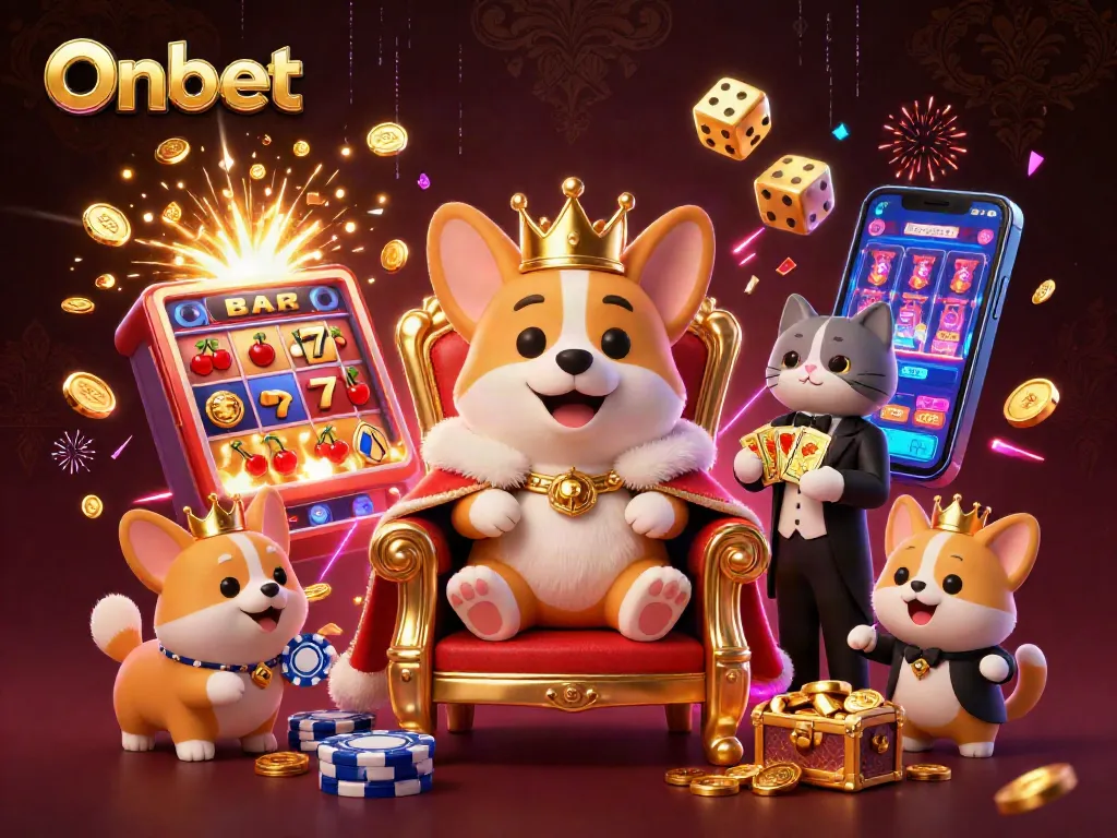 Spin the reels with Onbet's engaging royal corgi mascot in a vibrant casino scene bursting with excitement.