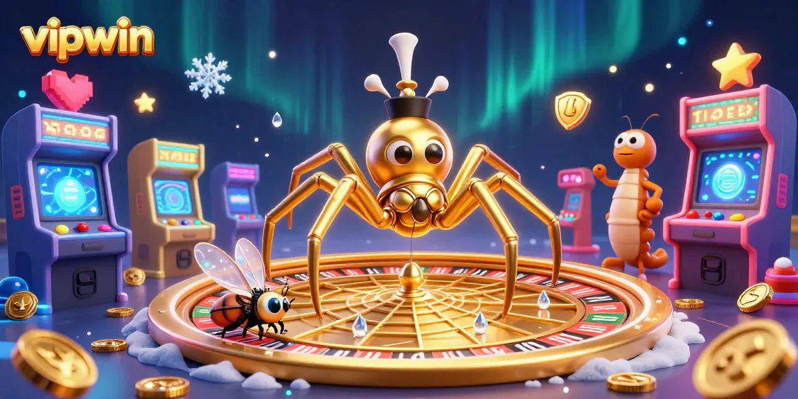 Place winning bets at vipwin with a dynamic casino-themed scene of a golden spider and playfully anxious characters.