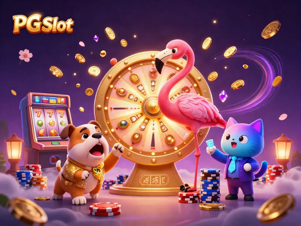 Permainan PG Slot dengan flamingo dan bulldog yang bersemangat di kasino.