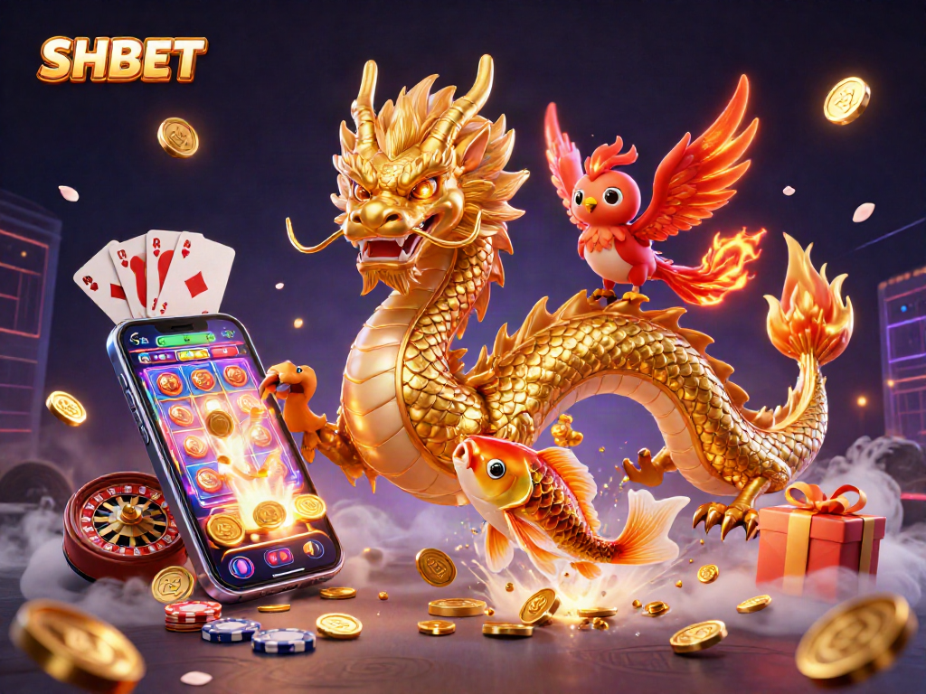 Join the excitement of SHBET with a golden dragon and phoenix amidst vibrant slot game elements.