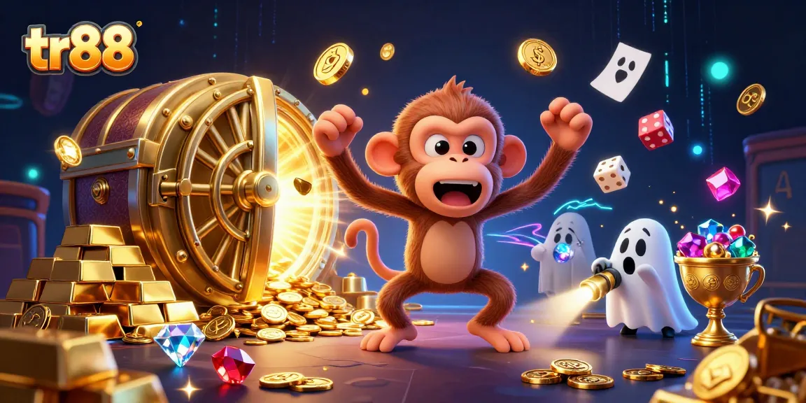 tr88 casino scene showing a playful poltergeist monkey juggling gold items and a curious puppy tracking it.