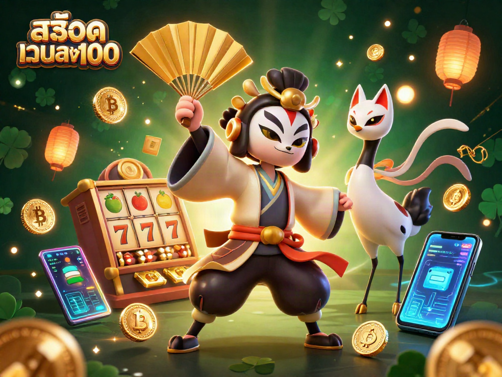 Experience the excitement of สล็อตเว็บตรง100 with a vibrant 3D illustration featuring a kabuki warrior and slot elements.