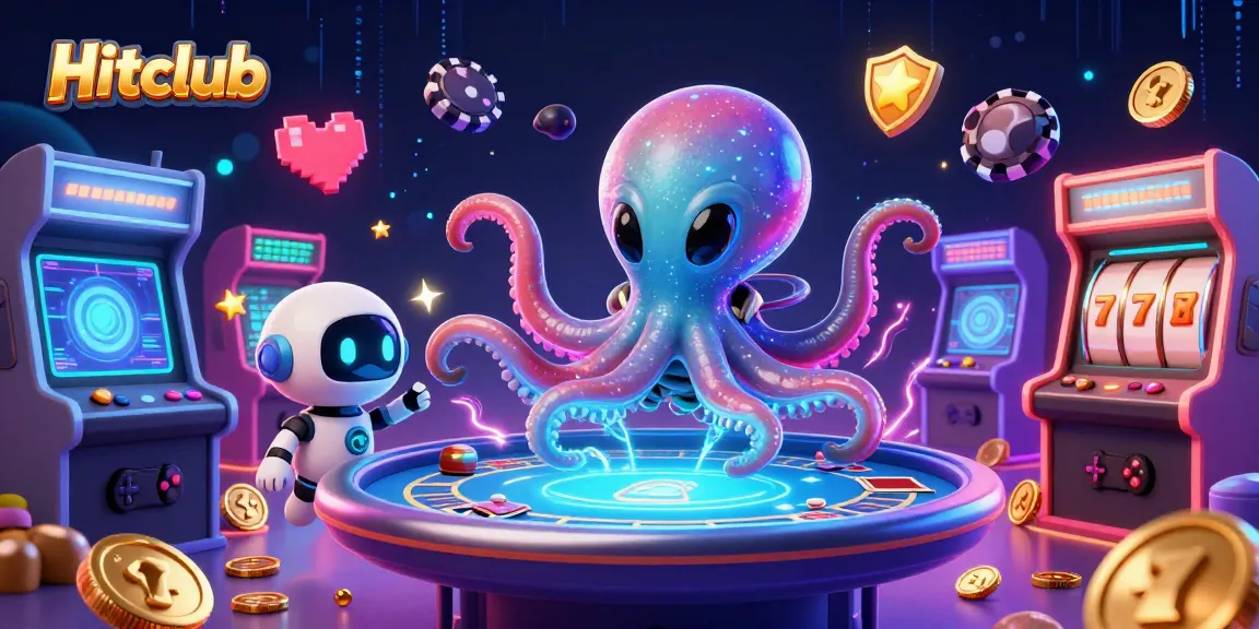 Experience thrilling gameplay at Hitclub with a dynamic 3D illustration featuring an alien octopus and interactive gaming elements.