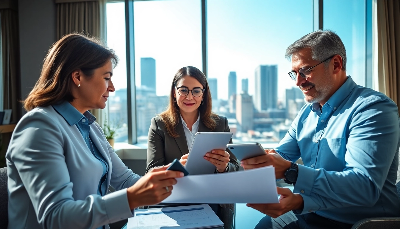 Advisors discussing strategies related to Legacy Bridge Wealth planning in an upscale office.