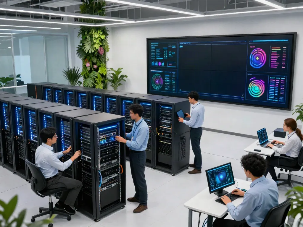 Engineers collaborating in a modern data center focused on GPU computing technology.