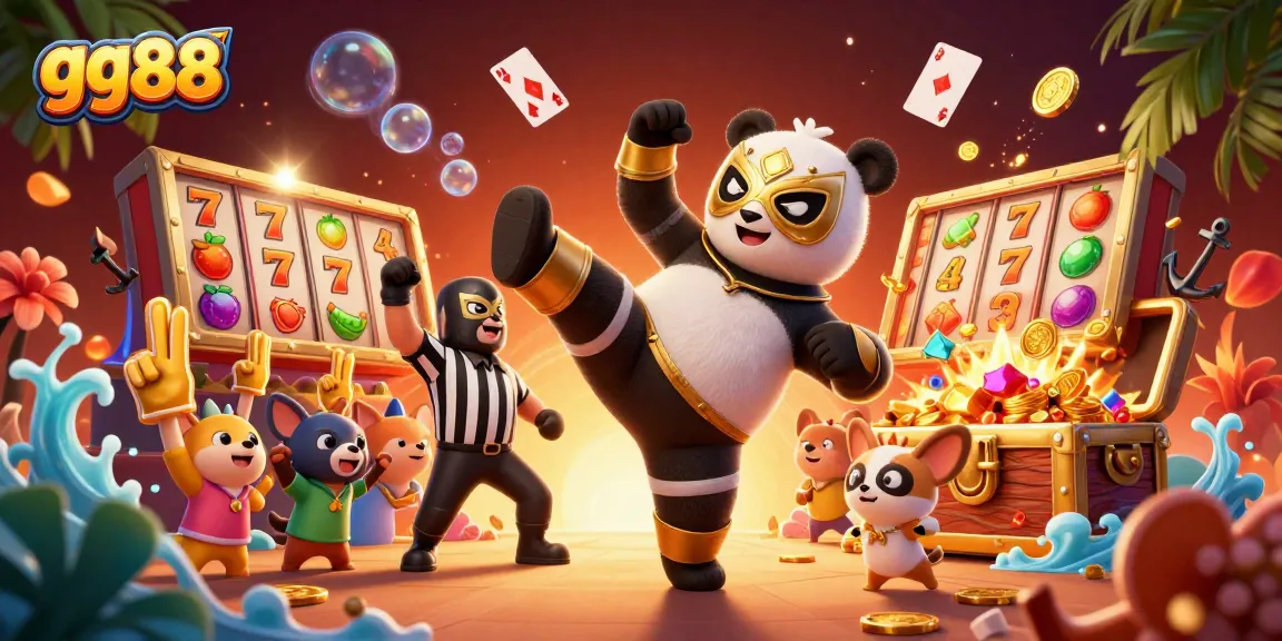 Watch gg88 come alive with action as the panda wrestler kicks while coins and cards float in a vibrant casino scene.