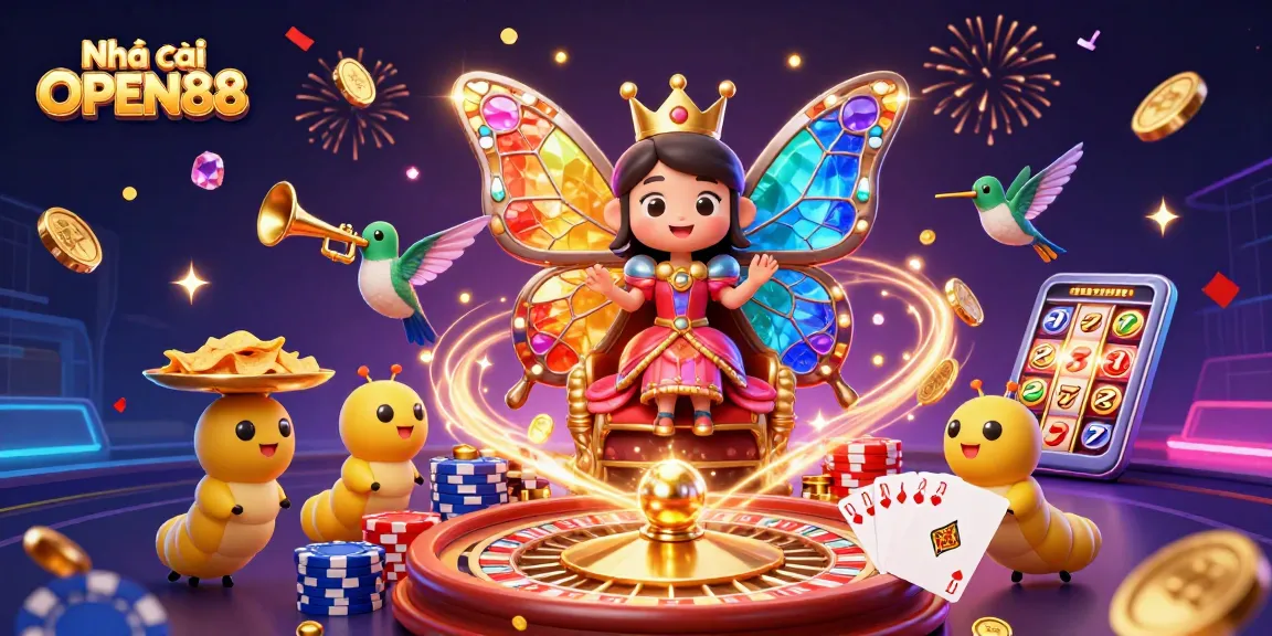 Engage with Nhà cái OPEN88 at a vibrant animated casino scene filled with excitement and winnings.