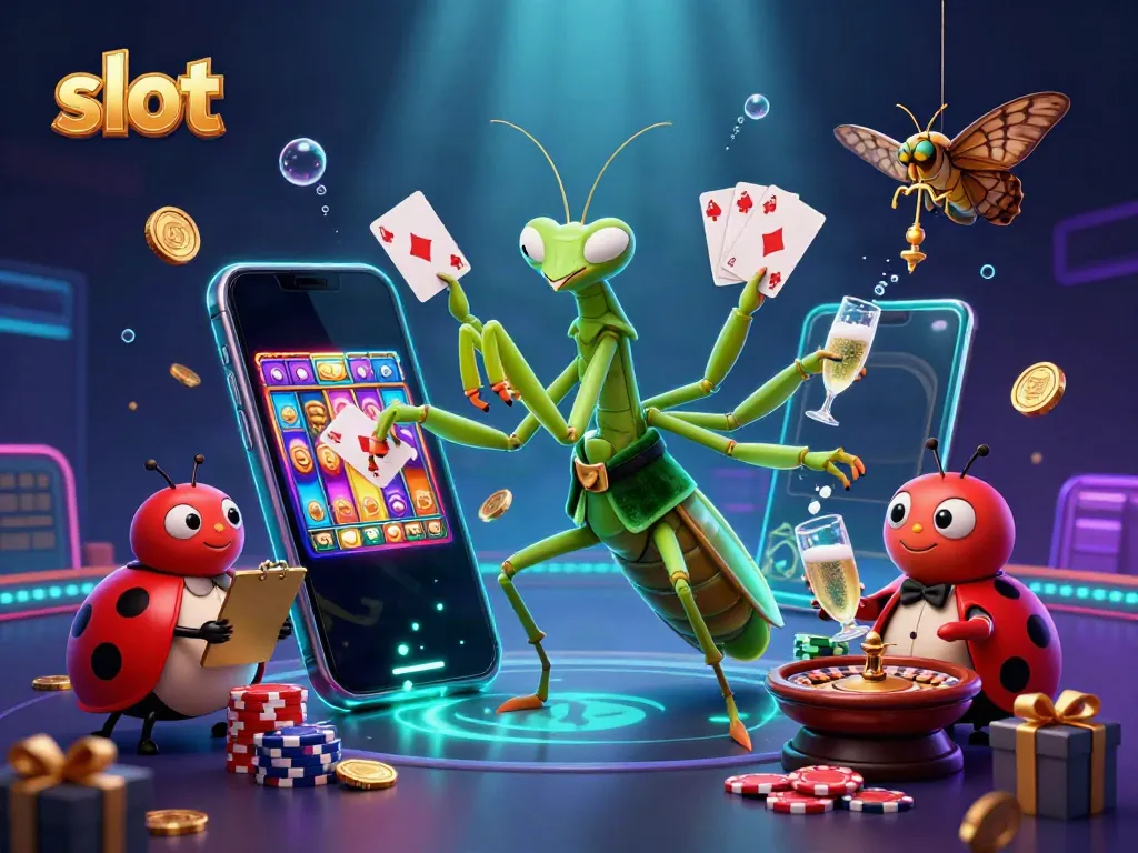 Slot gaming atmosphere with a giant mantis card sharp and vibrant elements in a casino setting.