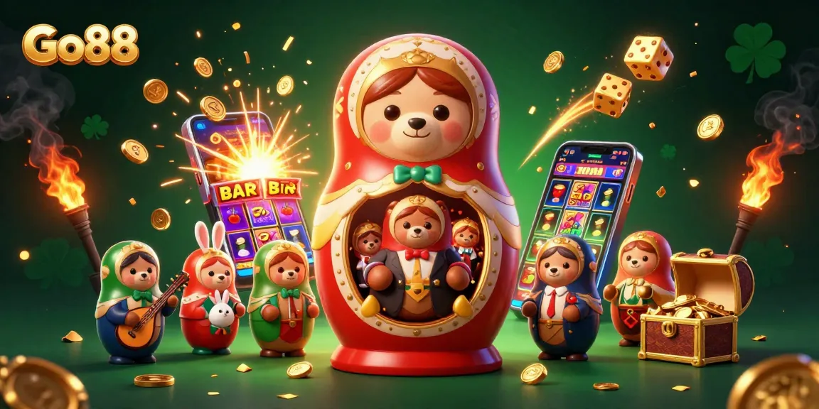 Experience the excitement of Go88 with a vibrant casino scene featuring playful characters and dynamic elements.