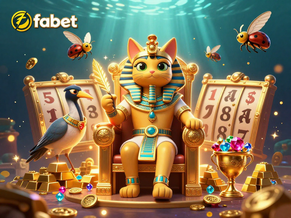 Experience fabet's thrilling gaming adventure with an illustrated Egyptian theme, showcasing golden treasures.