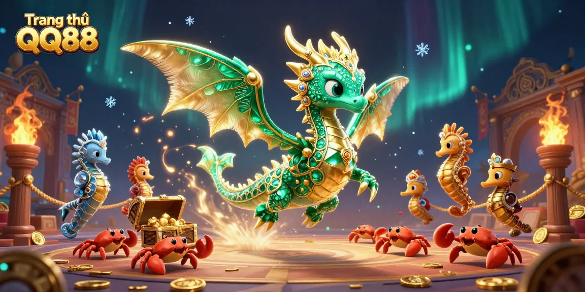 Engage with the sea dragon and royal seahorse in this vibrant Trang chủ QQ88 casino illustration.