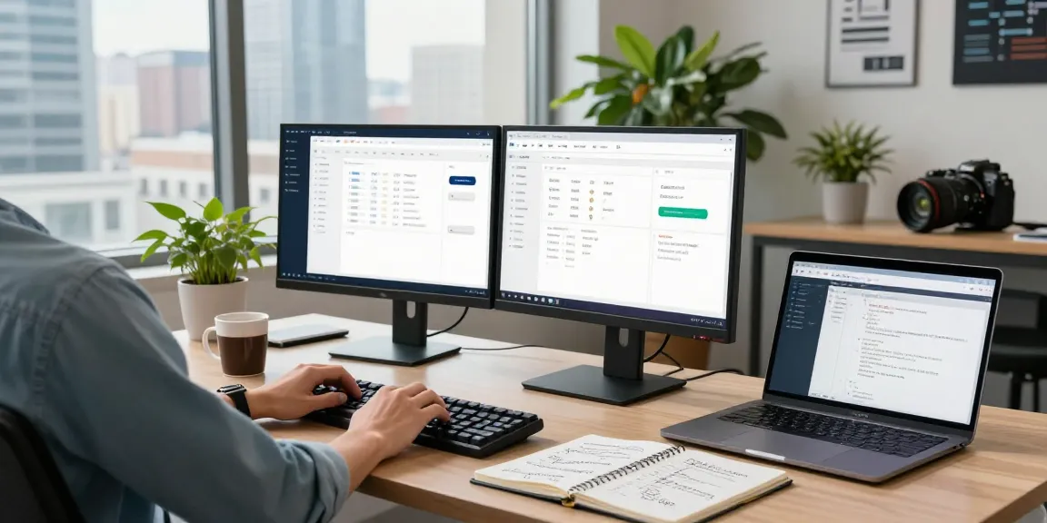 Build internal tools with AI in a modern software development workspace showcasing a developer at work.