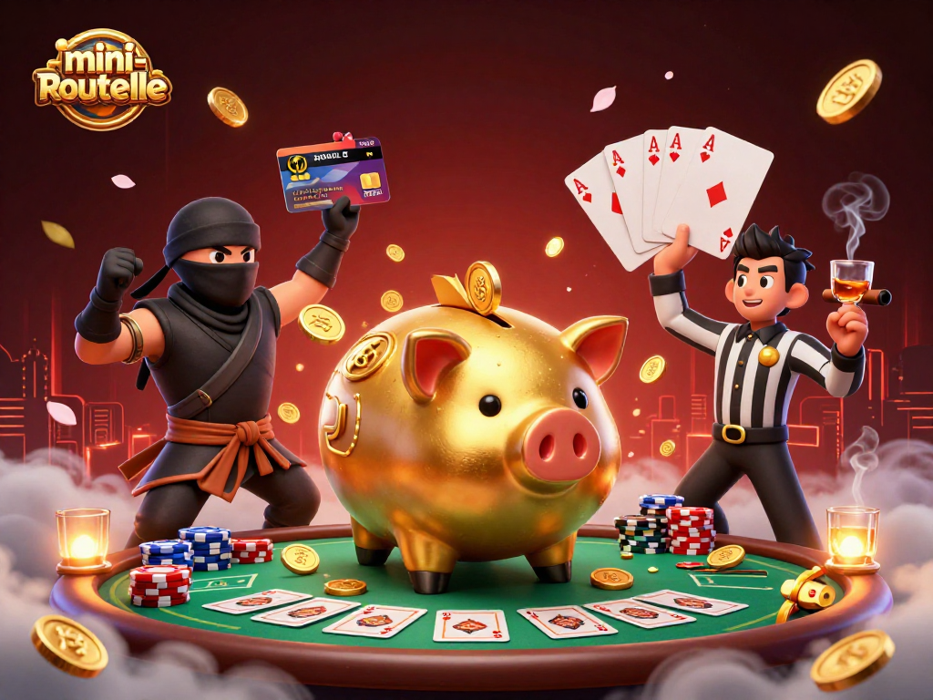 Play mini-roulette with an animated golden piggy bank sumo wrestler amidst casino excitement.