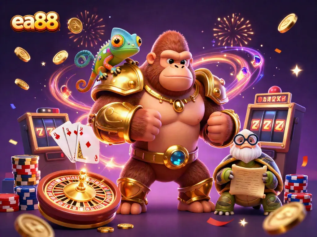 Experience the thrill of ea88 with a dynamic illustration showcasing casino excitement and gambling elements.