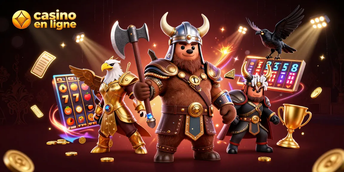 Visualisez des jeux de casino en ligne animés avec un ours viking et une aigle valkyrie.